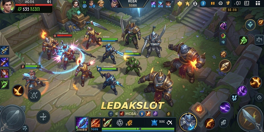 Screenshot gameplay LEDAKSLOT menampilkan aksi pertempuran MOBA yang mendebarkan.