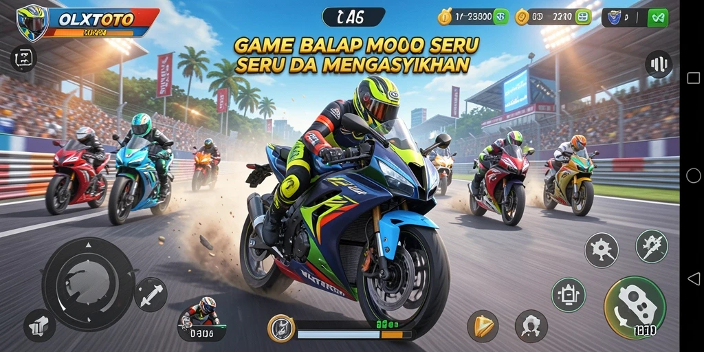 Screenshot gameplay OLXTOTO menampilkan aksi balapan motor yang mendebarkan.